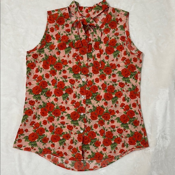 100% Silk Floral Red and Pink  Sleeveless Blouse with Tie Front - Picture 1 of 10